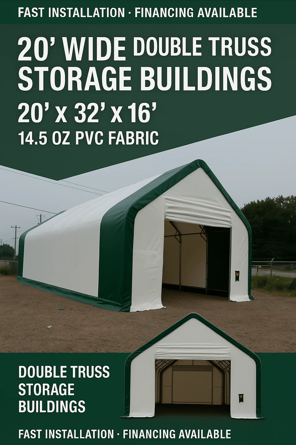 20' Wide Double Truss Fabric Shelter – Heavy-Duty PVC Industrial Storage Tent