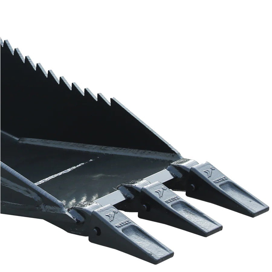 New Premium 50” Skid Steer Stump Bucket w/Universal Quick Attach Mount, Bolt-On Cutting Teeth, Curved Bottom, Reverse Curled Ripper Teeth
