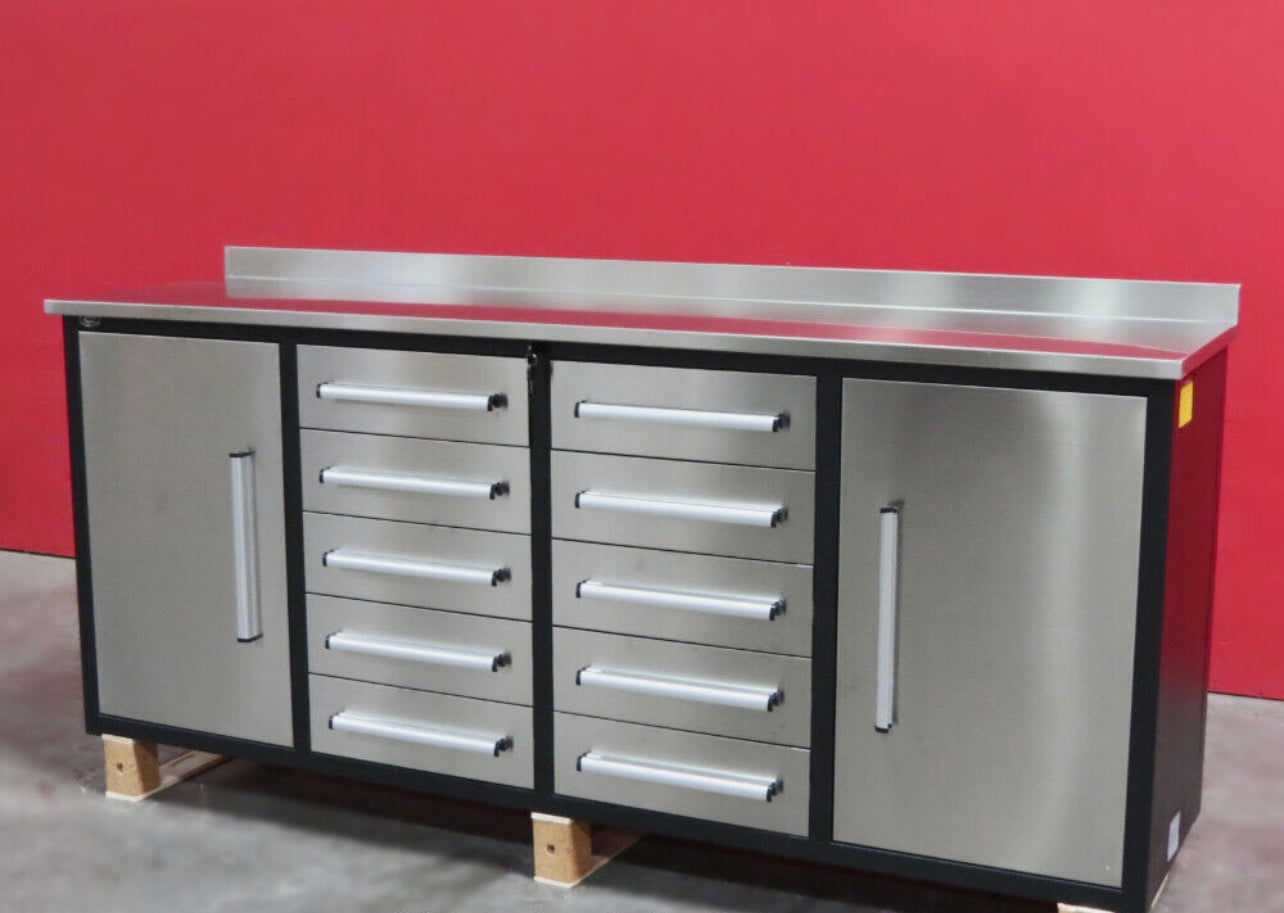 New 7' Stainless Steel Garage Cabinet Workbench (10 Drawers & 2 Cabinets)