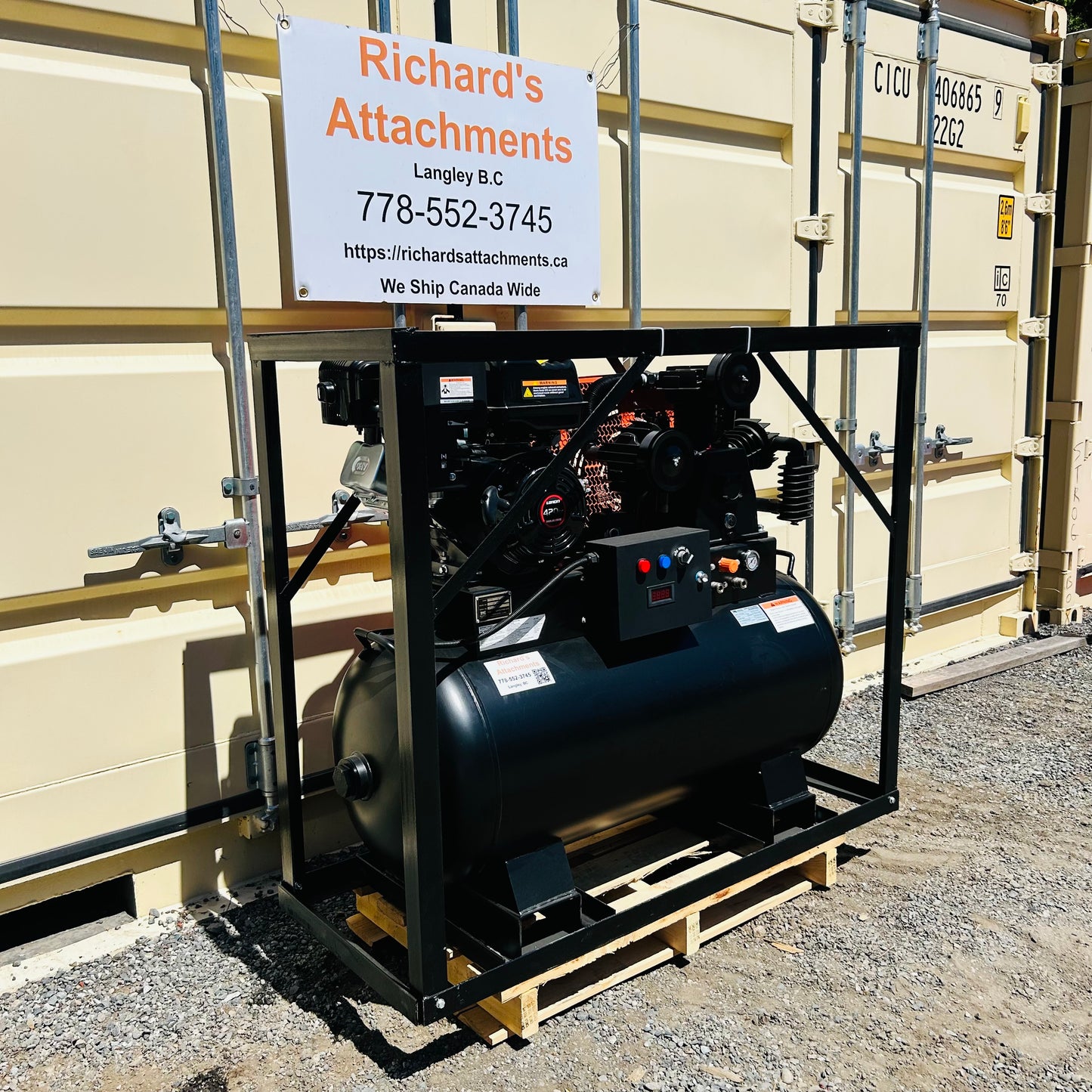 New  Gallon Skid Mount Gas Air Compressor, 2-Stage Belt Drive, 14 HP Engine, Horizontal Tank