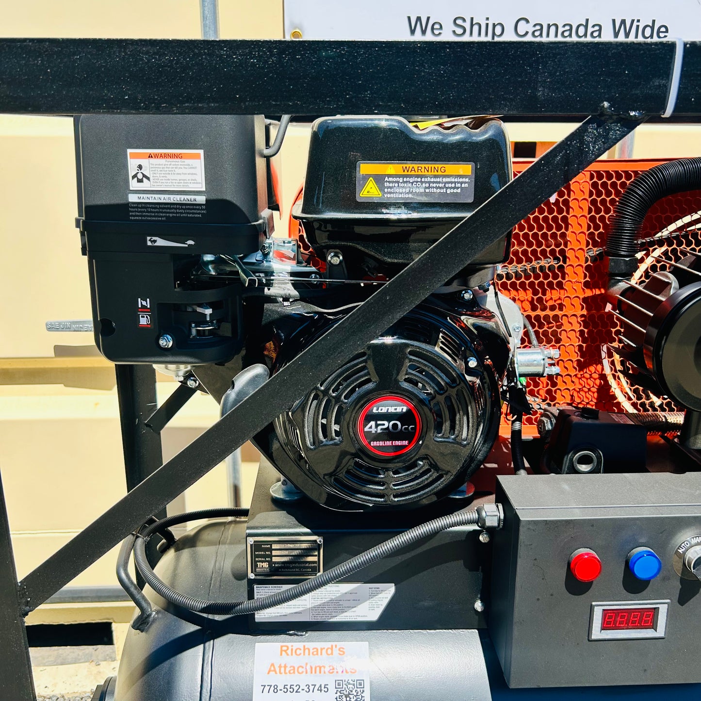 New  Gallon Skid Mount Gas Air Compressor, 2-Stage Belt Drive, 14 HP Engine, Horizontal Tank
