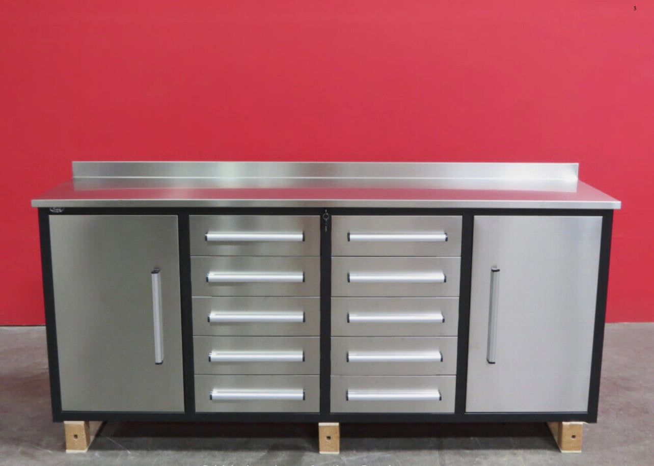 New 7' Stainless Steel Garage Cabinet Workbench (10 Drawers & 2 Cabinets)