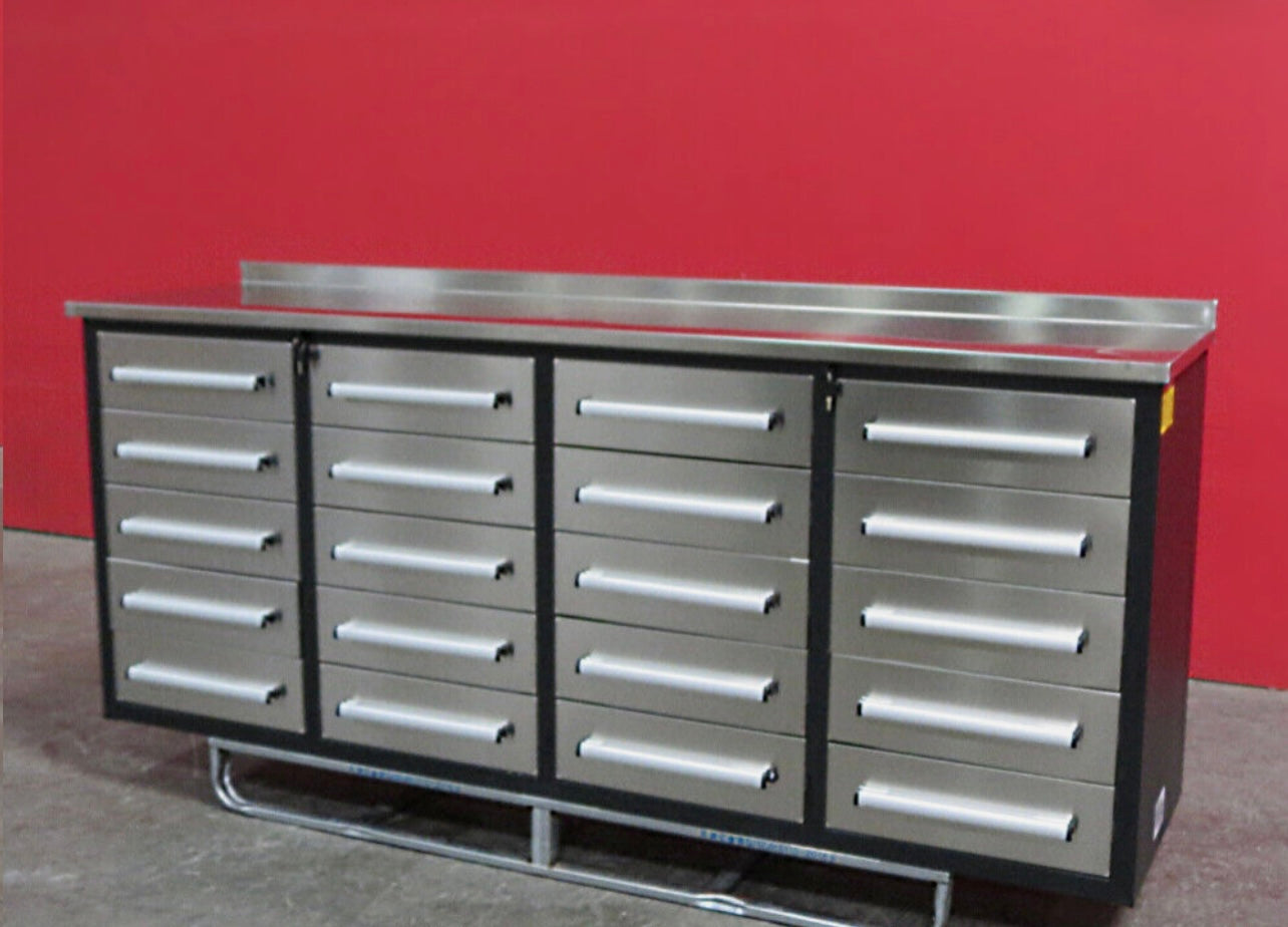 New 7' Stainless Steel Garage Cabinet Workbench (20 Drawers)