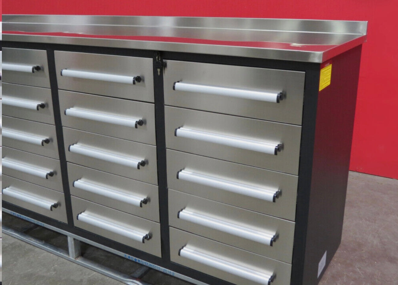 New 7' Stainless Steel Garage Cabinet Workbench (20 Drawers)