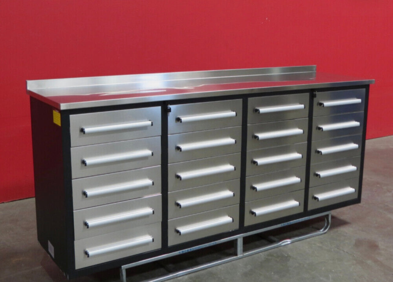 New 7' Stainless Steel Garage Cabinet Workbench (20 Drawers)