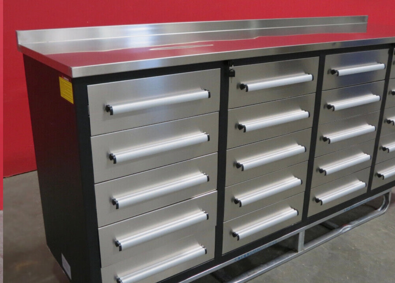 New 7' Stainless Steel Garage Cabinet Workbench (20 Drawers)