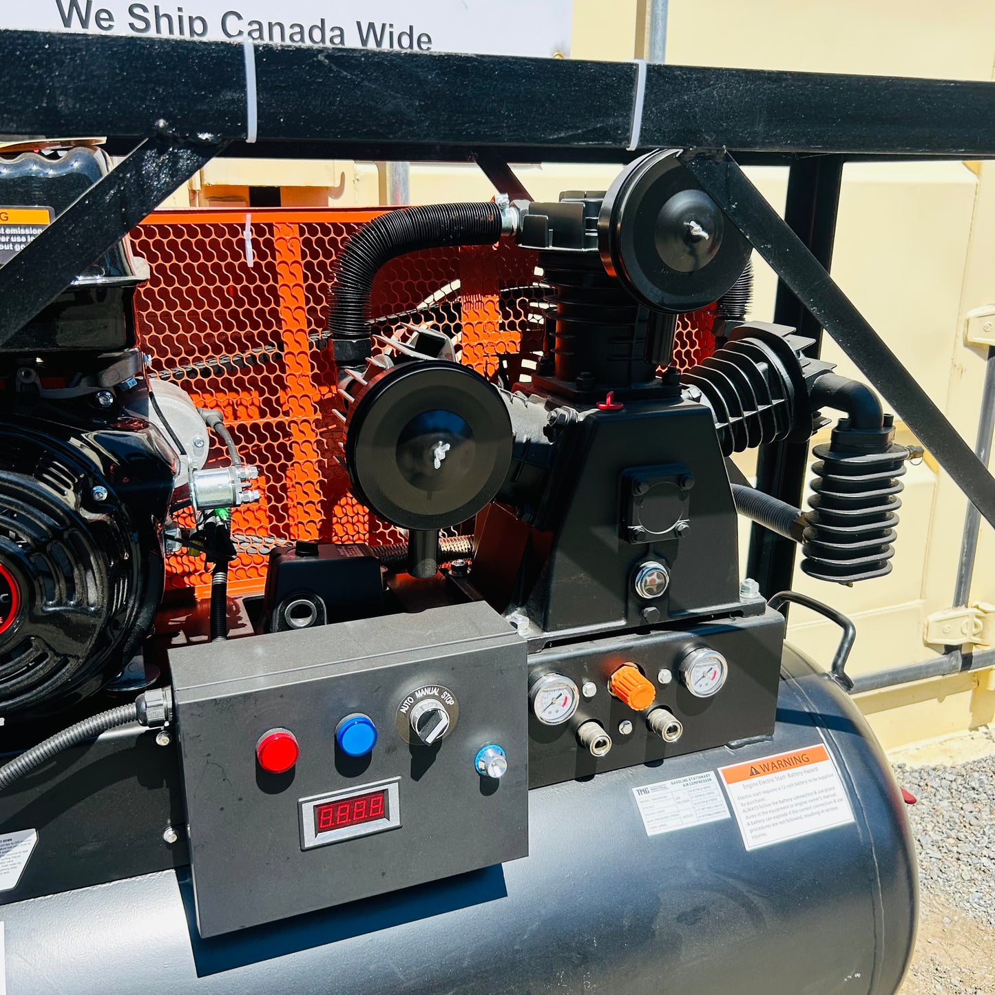 New  Gallon Skid Mount Gas Air Compressor, 2-Stage Belt Drive, 14 HP Engine, Horizontal Tank