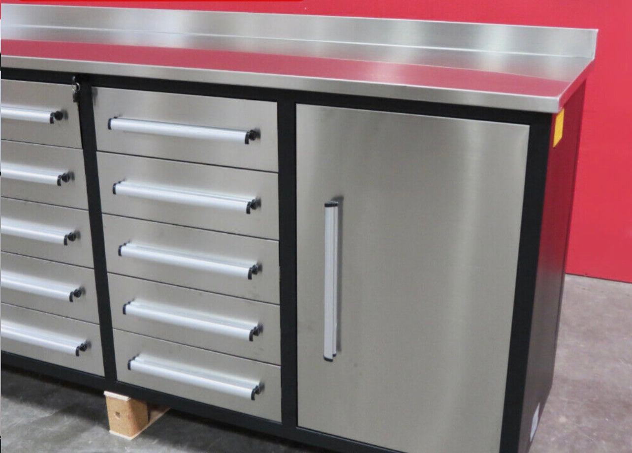 New 7' Stainless Steel Garage Cabinet Workbench (10 Drawers & 2 Cabinets)