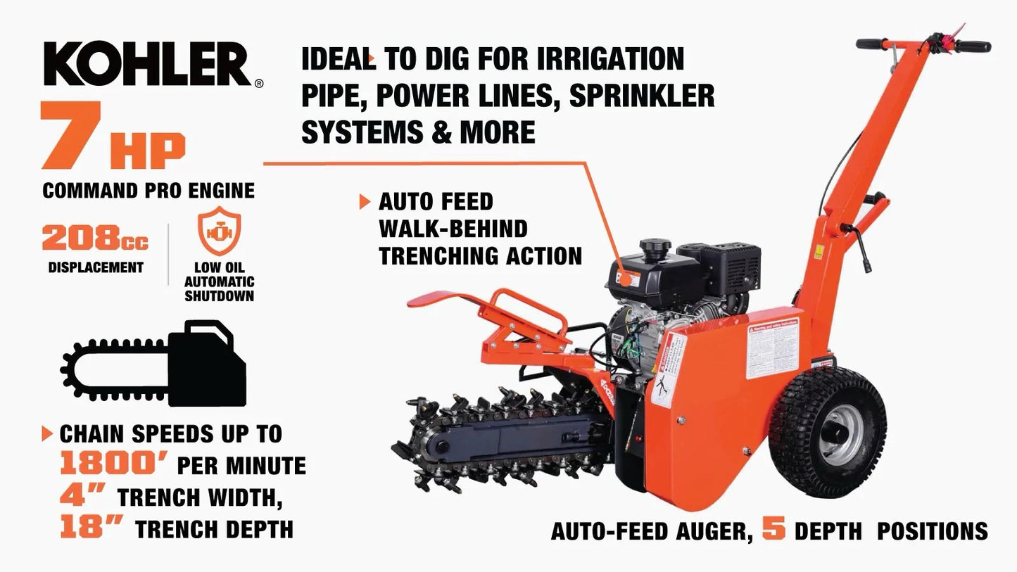 New Premium 18” Kohler Powered Trenching Machine, 4” Trench Width, 18” Trench Depth, 7 HP Gasoline Engine, Auto-Feed Auger