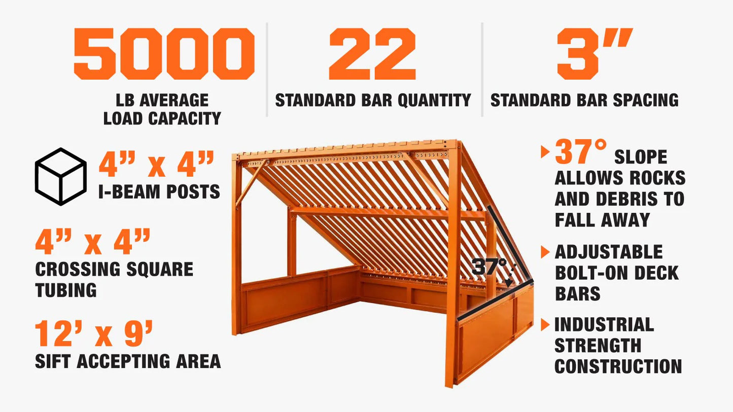 New 12’ Heavy Duty Static Grizzly Rock Screen, Adjustable Bolt-On Deck Bars, 4” x 4” I-Beams, 5000 lb Load Capacity