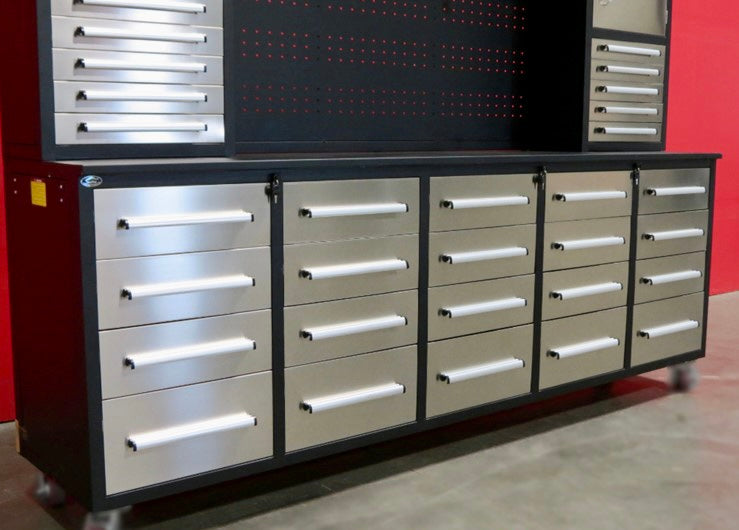 Unused 10’ Stainless Steel Garage Cabinet Workbench (30 Drawers & 2 Cabinets)