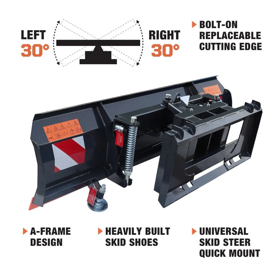 New Premium Skid Steer Snow Plow / Pusher, 30° Left & Right, Bolt-On Cutting Edge, Adjustable Skid Shoes, Universal Quick Mount