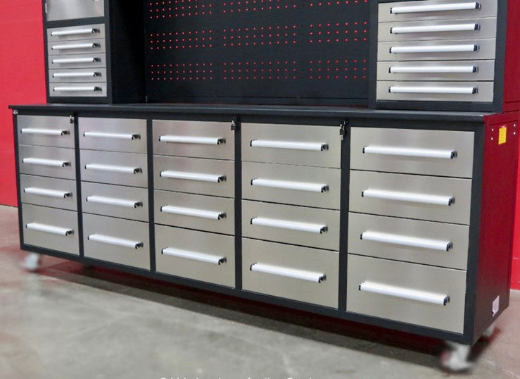 Unused 10’ Stainless Steel Garage Cabinet Workbench (30 Drawers & 2 Cabinets)